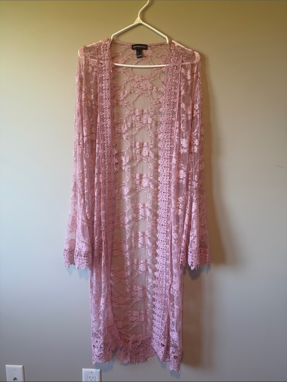Streetwear Society Rose Pink Lace Duster Cardigan - Long Bell Sleeve